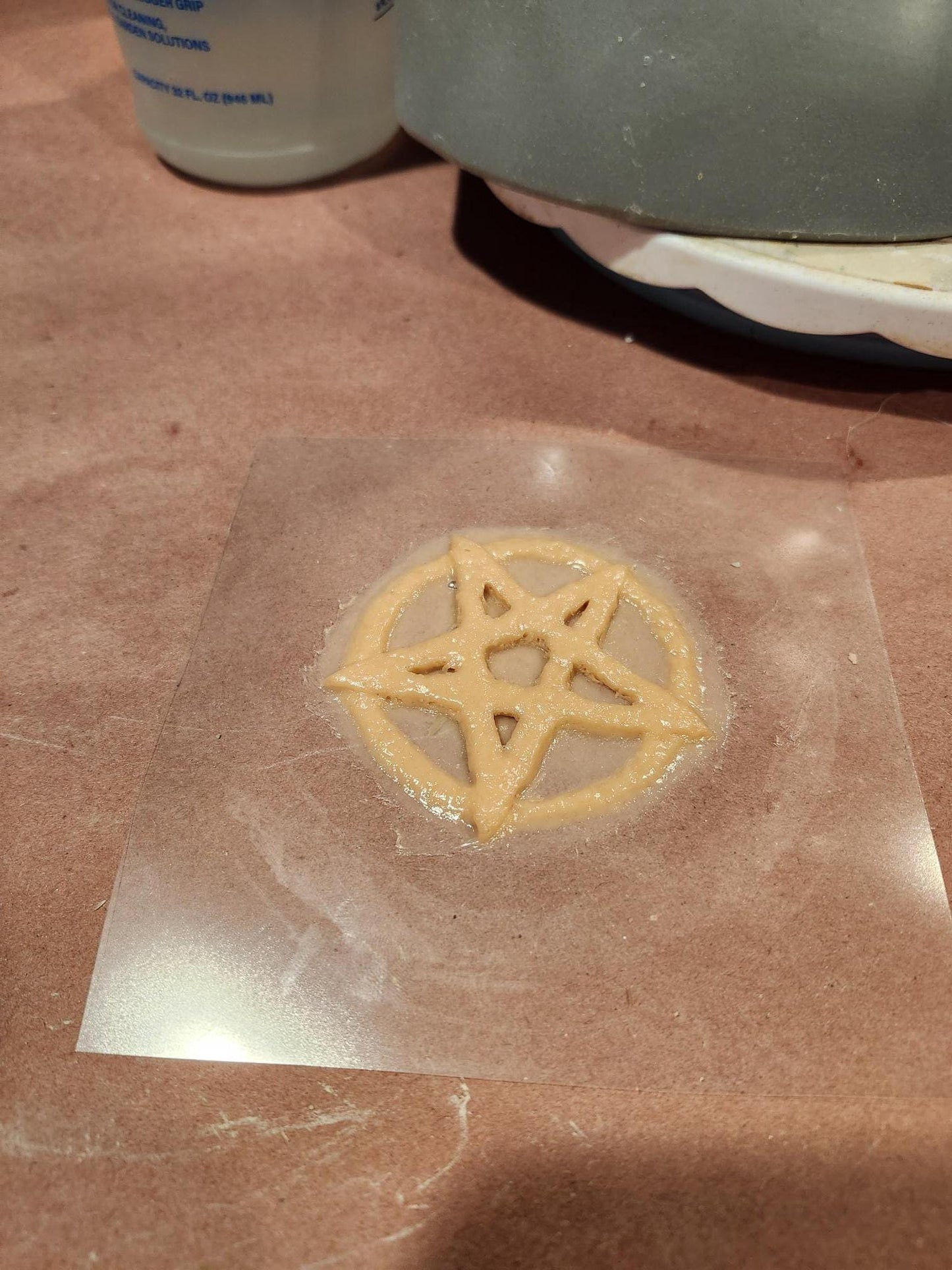 A unique one of a kind pentagram. Made of latex or as a pros aide transfer. Sfx makeup artists let your characters darkness shine.