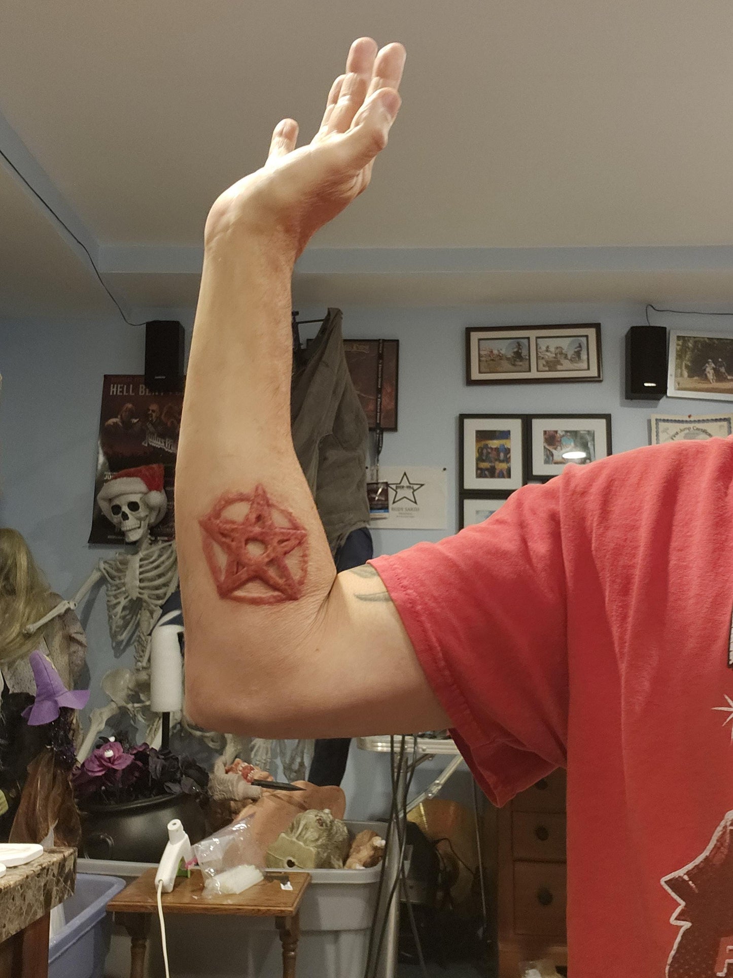 A unique one of a kind pentagram. Made of latex or as a pros aide transfer. Sfx makeup artists let your characters darkness shine.